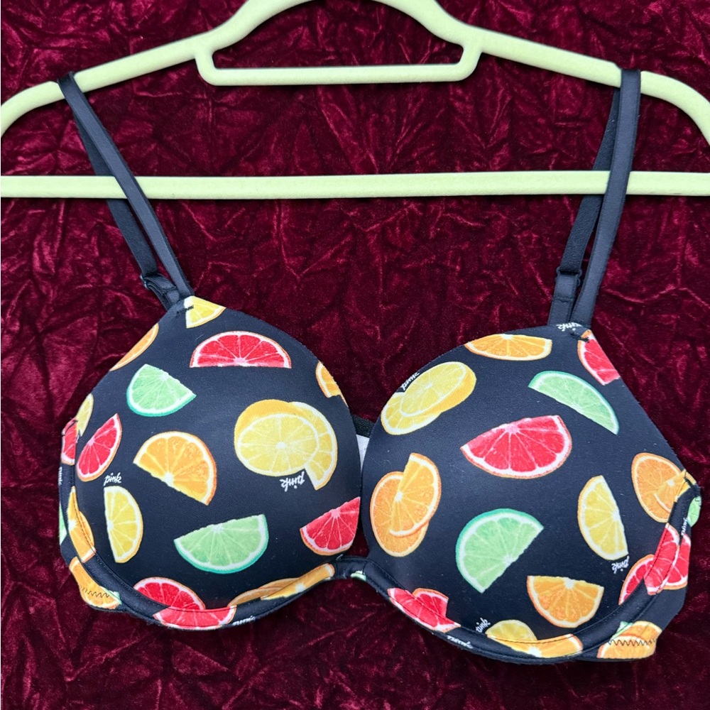 PINK Victoria Secret Bra 32 D w/ Colorful Fruit Design